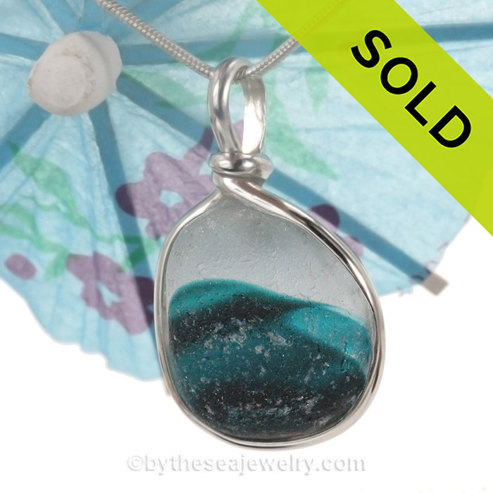 Rare Mixed Teal or Aqua Sea Glass Necklace Pendant