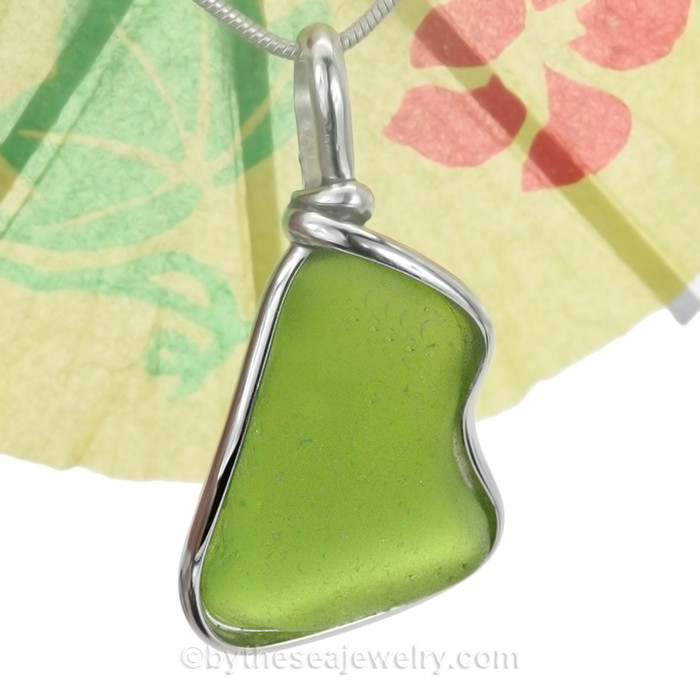 August Beachlover - Vivid Lime Sea Glass In Original Silver Wire Bezel© Pendant