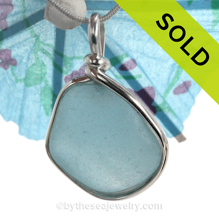 Carolina Blue Natural Sea Glass In Original Sterling Silver Wire Bezel© Pendant