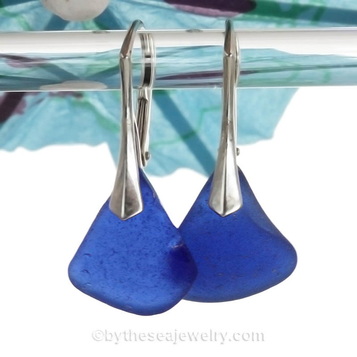 Genuine Blue Sea Glass Earrings on Solid Sterling Leverbacks 
