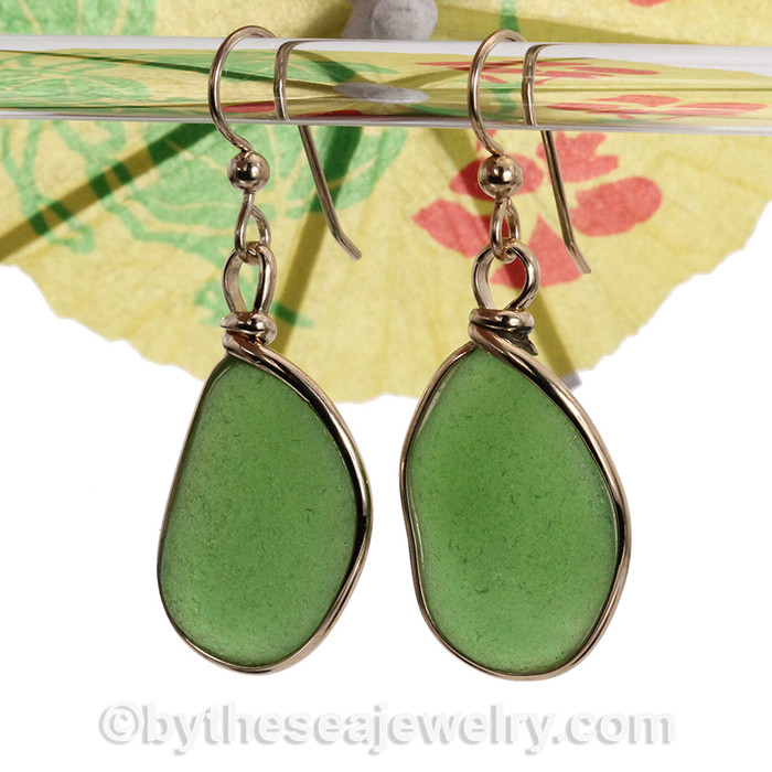 Large Fresh Vivid Green Genuine Sea Glass Earrings In 14K G/F Original Wire Bezel©