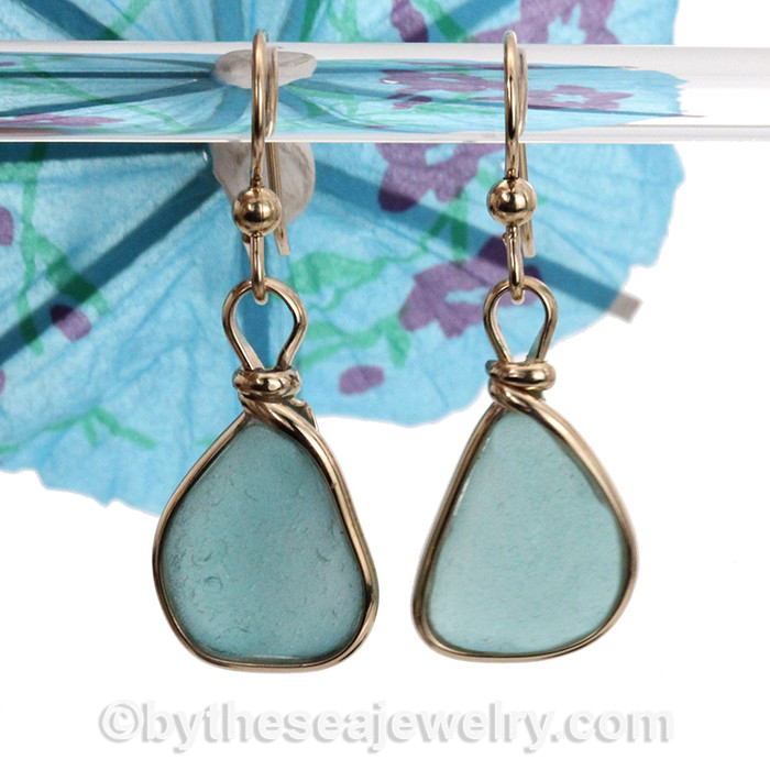 Vivid Aqua Beach Found Sea Glass Earrings In 14K Rolled Gold Original Bezel©