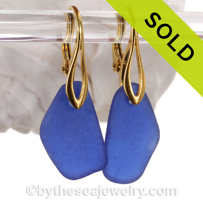 Larger Blue Genuine Sea Glass on 24K Gold Vermeil Leverback Deco Earrings