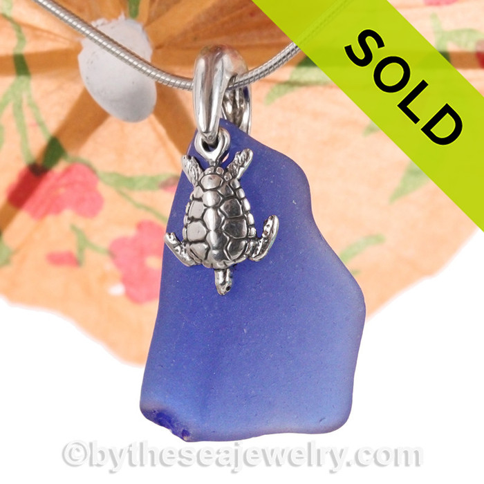 Cobalt Blue Sea Glass With Sterling Silver Sea Turtle Charm 