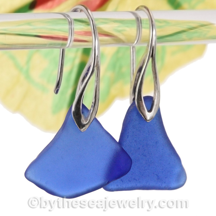 Vivid Cobalt Triangles of Blue Sea Glass Earrings on Solid Sterling Deco Hooks