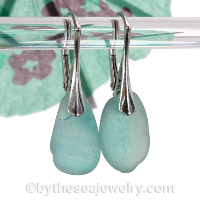RARE VIVID Aquamarine Genuine English Sea Glass on Solid Sterling Silver Deluxe Leverbacks 