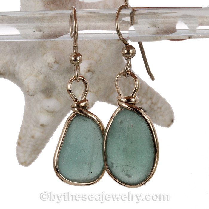Genuine Beach Found Aqua Green Sea Glass Earrings In Gold Wire Bezel©