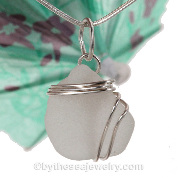 White Genuine Sea Glass In Sterling Triple Setting Pendant for Necklace.