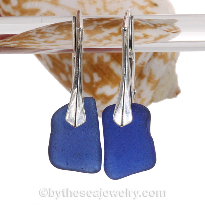 Squares of Genuine Blue Sea Glass Earrings on Solid Sterling Leverbacks