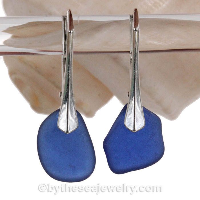 Tiny Organic Blue Sea Glass Earrings on Solid Sterling Leverbacks