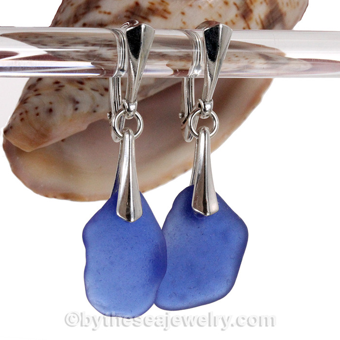 Larger Blue Sea Glass on Solid Sterling Earrings Silver Deluxe Dangly Leverbacks