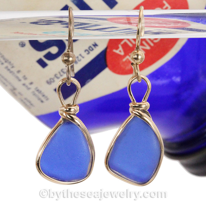 blue sea glass set in our Original Wire Bezel earring setting in gold