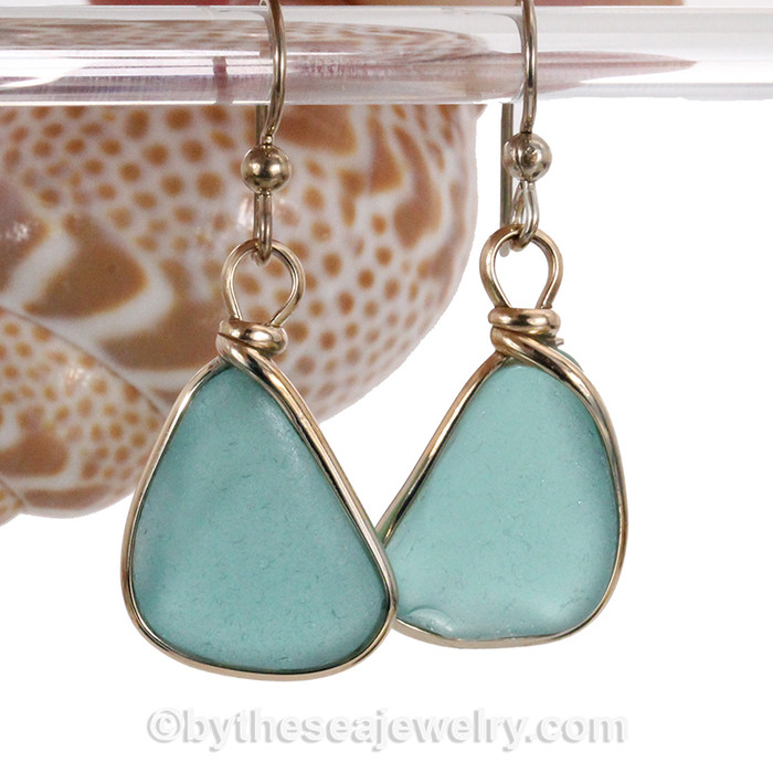Large Aqua Beach Found Sea Glass Earrings In 14K Rolled Gold Original Bezel©