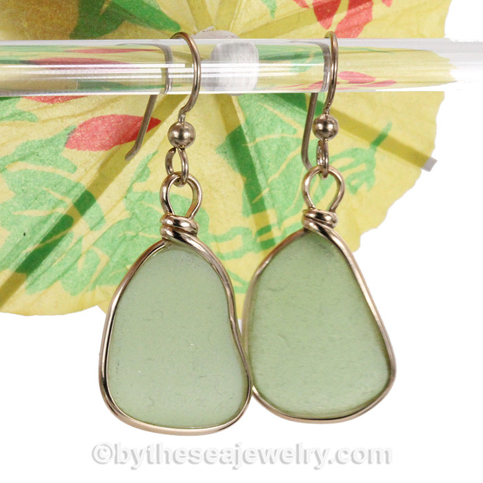 Bright Yellowy Seafoam Green English Found Sea Glass Earrings In 14K 