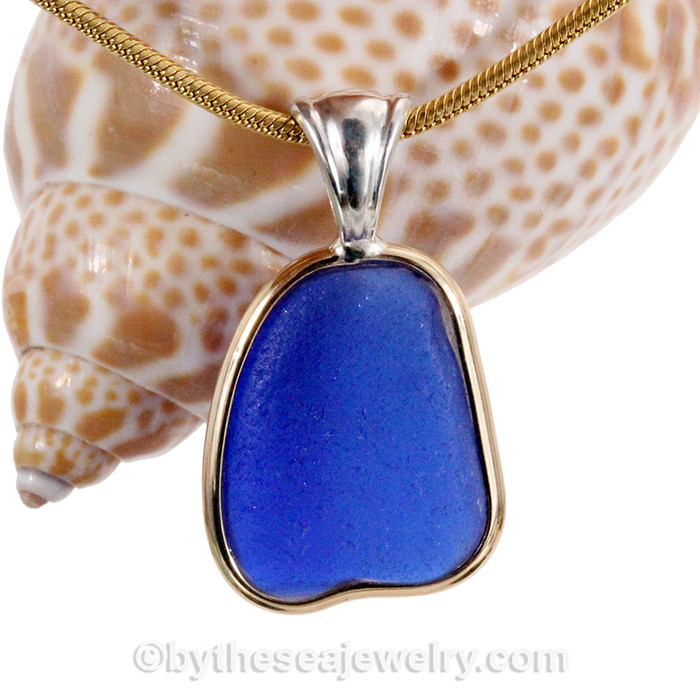 Smaller Blue Sea Glass Bottle Bottom In Tiffany Deluxe Wire Bezel© Necklace Pendant