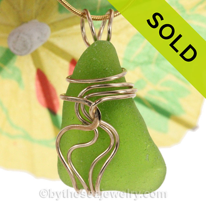 Lime Green Sea Glass In Gold Waves Setting Pendant 