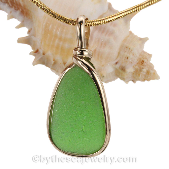 Smaller Vivid Green Sea Glass In Gold Original Wire Bezel© Pendant