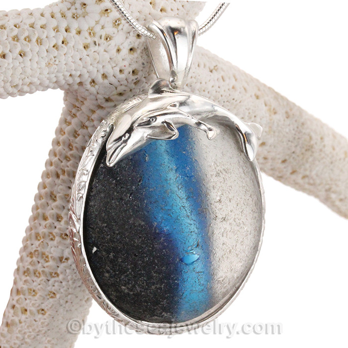 HUMONGOUS Ultra Rare Mixed Sea Glass Pendant In Solid Sterling Silver Deluxe Pattern Wire Bezel© and Dolphins