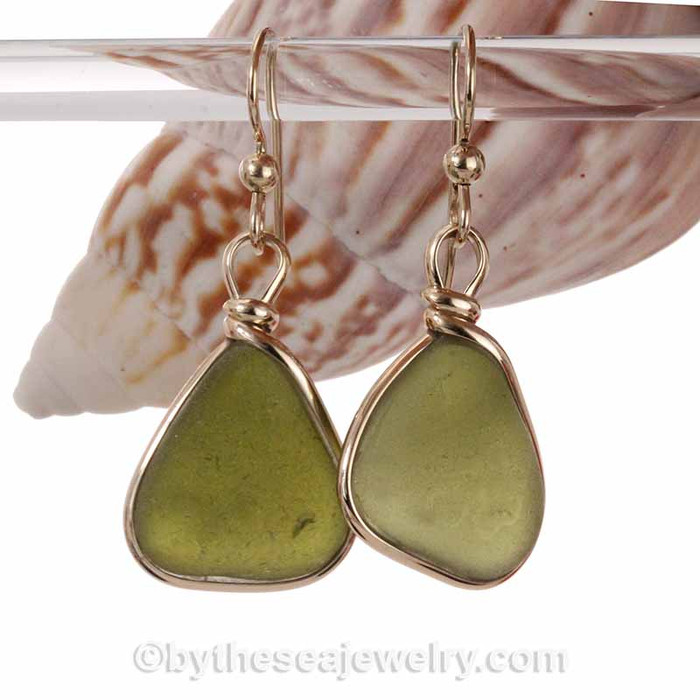 Seaweed Green Genuine Beach Found Sea Glass In Gold Original Bezel© Earrings
