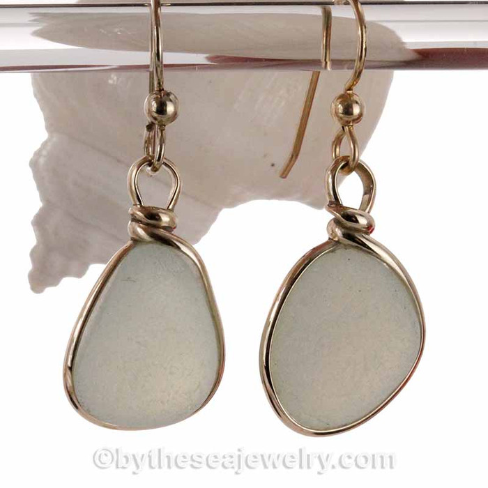 Super Ultra Rare Opalized Sea Glass Earrings in our Original Wire Bezel© setting in 14K Rolled Gold