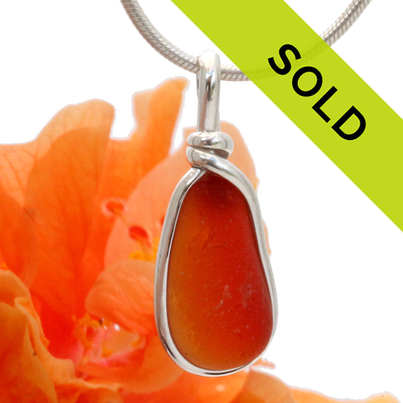 Burnt Orange Rare Genuine English Sea Glass In Deluxe Wire Bezel
