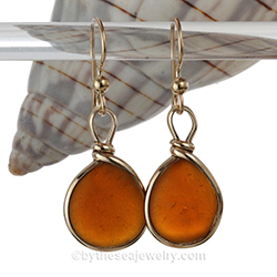 Brown Sea Glass Earrings in Goldfilled Bezel