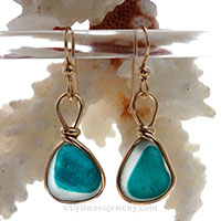 Electric teal Seaham Sea Glass Earrings In Gold Bezel