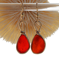 red sea glass earrings in gold original wire bezel