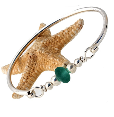 Sterling Silver Loop & Hook Bangle with Lime Green Seaham Sea Glass