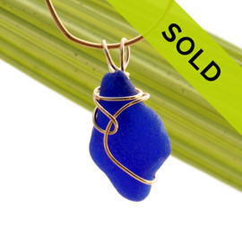 Rich Blue Genuine Sea Glass In Gold Deco Inspired Necklace Pendant