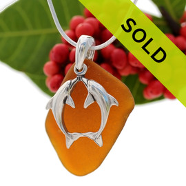 Large Amber Beach Found Sea Glass Necklace With Kissing Sterling Dolphin Charm - S/S CHAIN INCLUDED