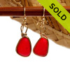 Cherry Red Genuine English Sea Glass Earrings In 14K G/F Original Wire Bezel© (GFE1629)