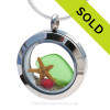 Vivid Green sea glass and vivid bright  red and green gemstones make this a great locket necklace for the holidays.