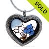 Cobalt Blue and Carolina Blue sea glass combined a silver heart locket necklace with starfish, sea fan and CZ gemstone. This is a reversible locket that has a filigree pattern on one side and is plain on the other side.
SOLD - Sorry This Sea Glass Jewelry Selection Is NO LONGER AVAILABLE!