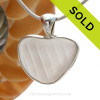 Lines On My Heart - Embossed White Natural Sea Glass Heart In Deluxe Sterling Bezel© Necklace Pendant 