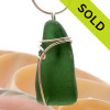 Rich Deep green well aged Genuine Sea Glass Pendant set in Solid Sterling Silver Side Wrap.