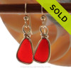 P-E-R-F-E-C-T Petite Bright Ruby Red Genuine Sea Glass in our Original Wire Bezel© earring setting lets all the color of these beautiful gold set beach found sea glass pieces shine!