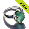 azing sea glass from Seaham England in a solid sterling ring in a  true vivid electric aqua green with internal bubbled.