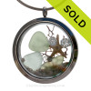  Diamonds and Dunes - Seafoam and Pale Aqua Green Genuine Sea Glass With Starfish & "Diamonds" Gems Stainless Steel Locket (