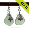  Beautiful Seafoam Green Beach Found Sea Glass Earrings On Sterling W/ Solid Sterling Turtle Charms