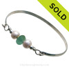 Bright Aqua Green Seaham Sea Glass Premium Bangle Bracelet In Solid Sterling With Pearls (SB11255)