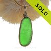 Long  and Thick Glowing Green Genuine Beach Found Sea Glass in our Original Gold Wire Bezel ©