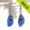 Larger Genuine Cobalt Blue Sea Glass On Silver Earrings W/ Starfish Charms