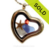 Cobalt Blue Beach Found Sea Glass Heart Goldtone Locket Necklace W/ a real baby sandollar and starfish.