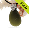 Large Bubbled Olive Green Sea Glass Necklace with Neoprene Cord