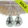 Sea Charmed -Pale Aqua Green Sea Glass Earrings W/ Sterling Starfish Charms 