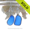 Vivid Thick Bright  Blue Sterling English Sea Glass Earrings In Sterling Original Wire Bezel© 