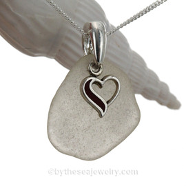 White Sea Glass Necklace With Sterling Heart Charm