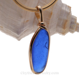 Long Blue Sea Glass In Original Gold Wire Bezel© Pendant