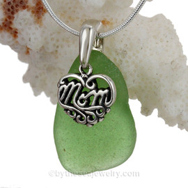 ivid Green genuine sea glass with a solid sterling bail and MOM charm.